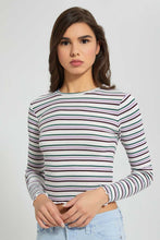 Load image into Gallery viewer, Redtag-White-Rib-Strips-Long-Sleeve-T-Shirt-Striped-Women&#39;s-
