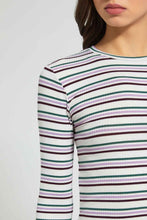 Load image into Gallery viewer, Redtag-White-Rib-Strips-Long-Sleeve-T-Shirt-Striped-Women&#39;s-
