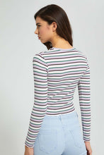 Load image into Gallery viewer, Redtag-White-Rib-Strips-Long-Sleeve-T-Shirt-Striped-Women&#39;s-
