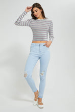 Load image into Gallery viewer, Redtag-White-Rib-Strips-Long-Sleeve-T-Shirt-Striped-Women&#39;s-
