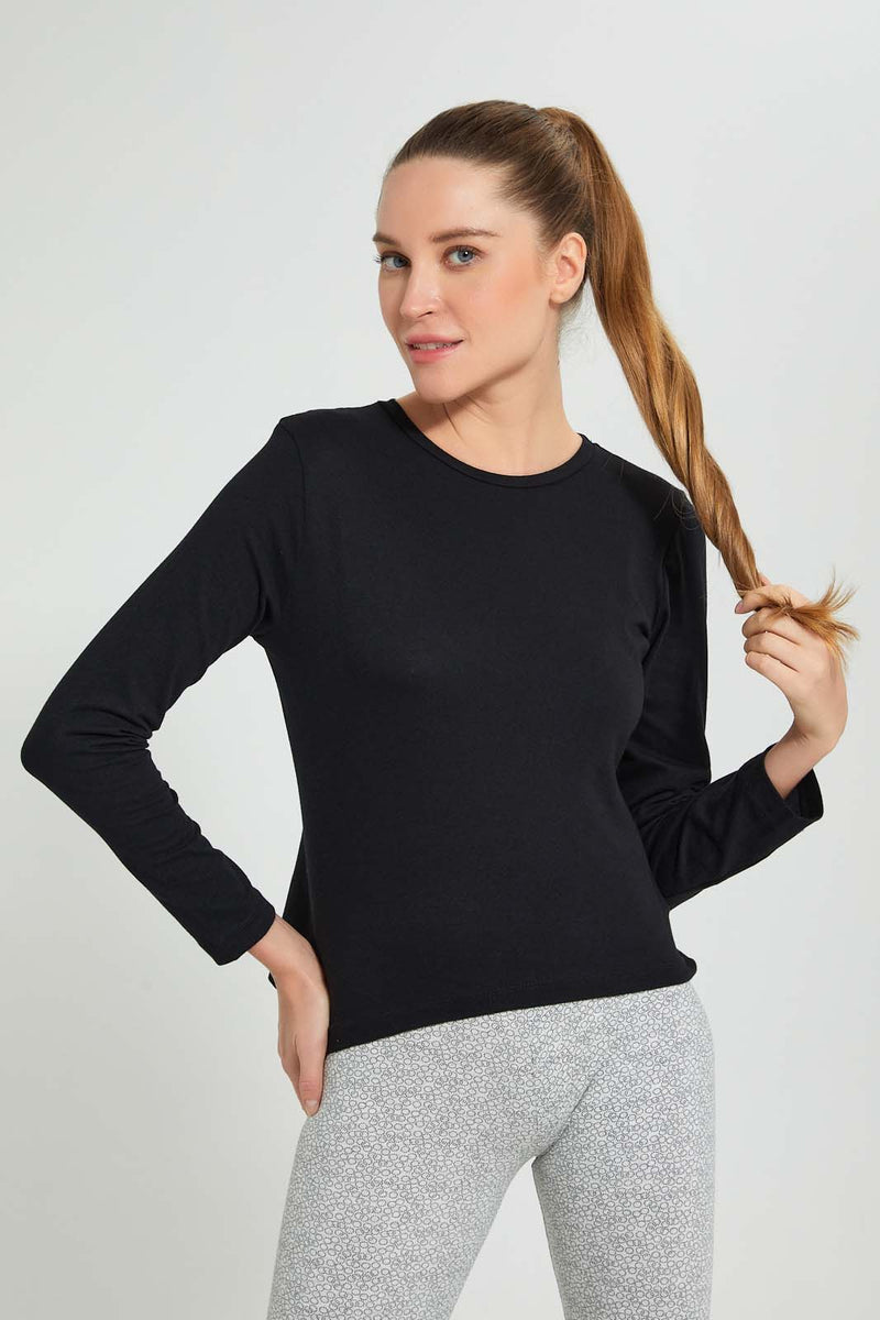 Redtag-Black-Plain-Long-Sleeve-T-Shirt-Active-Tees-Women's-