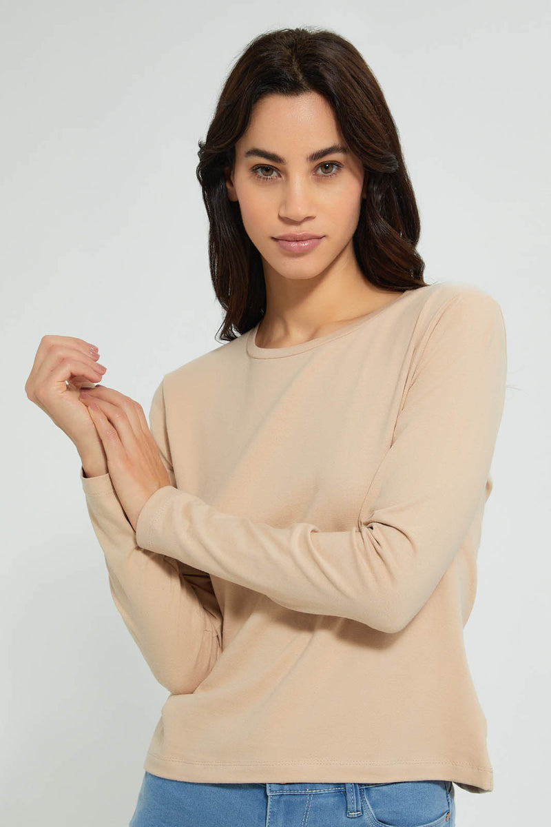 Redtag-Beige-Plain-Long-Sleeve-T-Shirt-Active-Tees-Women's-