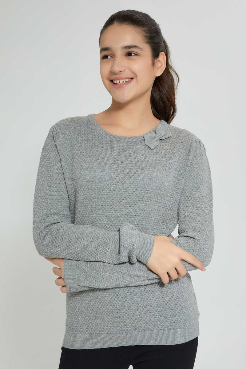 Redtag-Grey-Melange-Pullover-With-Bow-Jumpers-Senior-Girls-9 to 14 Years
