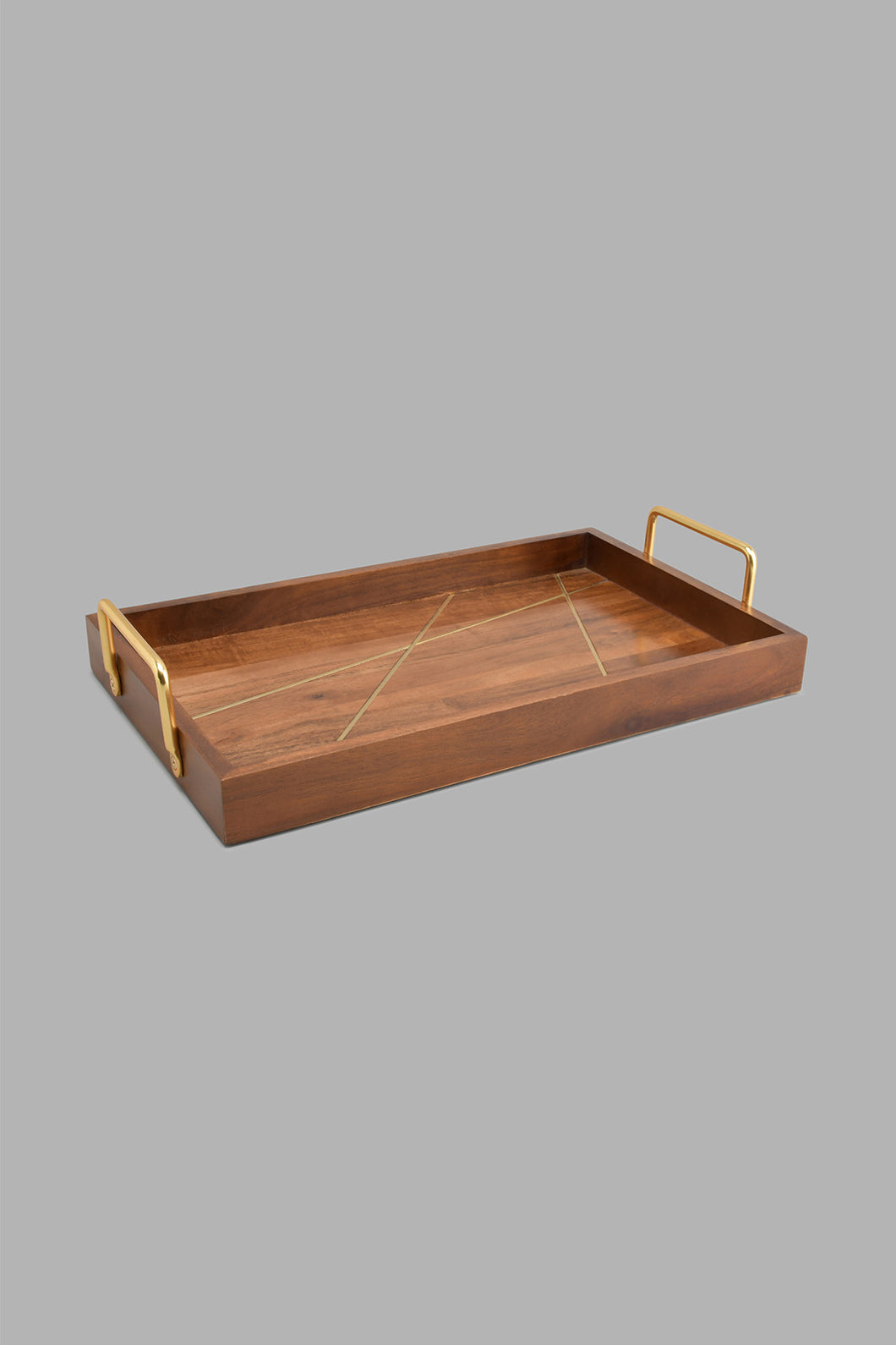 Redtag-Brown-Wooden-Rectangular-Tray-With-Brass-Wire-Embellishment-With-Gold-Aluminum-Handles-(Large)-Trays-Home-Dining-