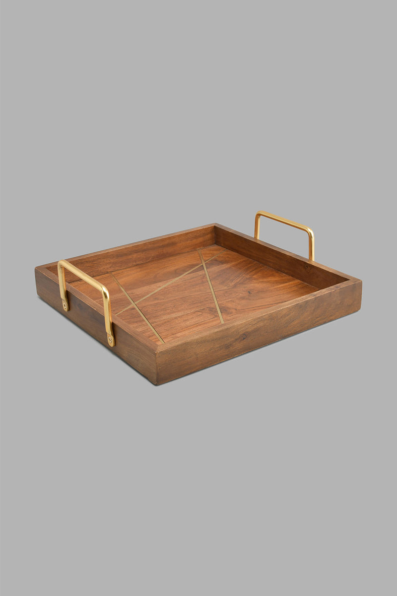 Redtag-Brown-Wooden-Square-Tray-With-Brass-Wire-Embellishment-With-Gold-Aluminum-Handles-Trays-Home-Dining-