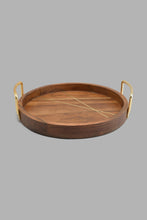 تنزيل الصورة على معرض الصور، Redtag-Brown-Wooden-Round-Tray-With-Brass-Wire-Embellishment-With-Gold-Aluminum-Handles-Trays-Home-Dining-
