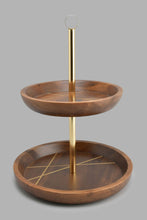 تنزيل الصورة على معرض الصور، Redtag-Brown-Wooden-Round-Two-Tier--With-Brass-Wire-Embellishment--With-Gold-Aluminum-Handle-Serving-Dish-Home-Dining-
