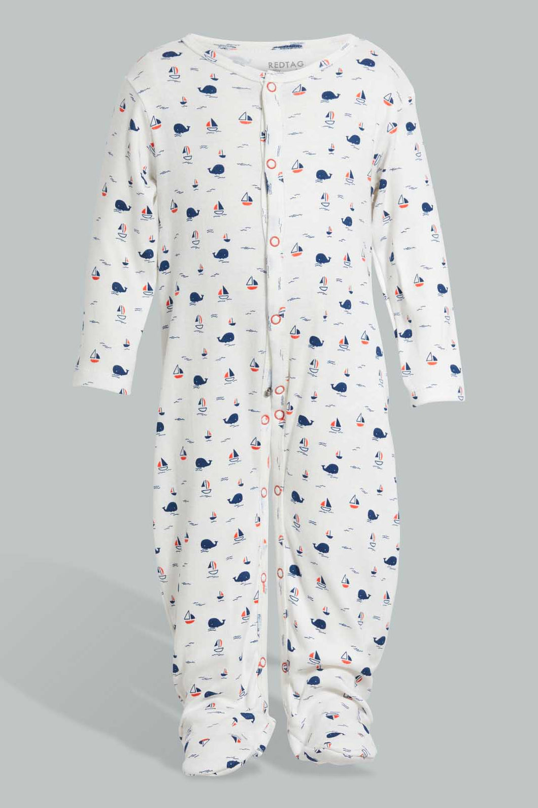 Redtag-Navy-And-Red-Whale-Sleep-Suit-Sleepsuits-Baby-0 to 12 Months