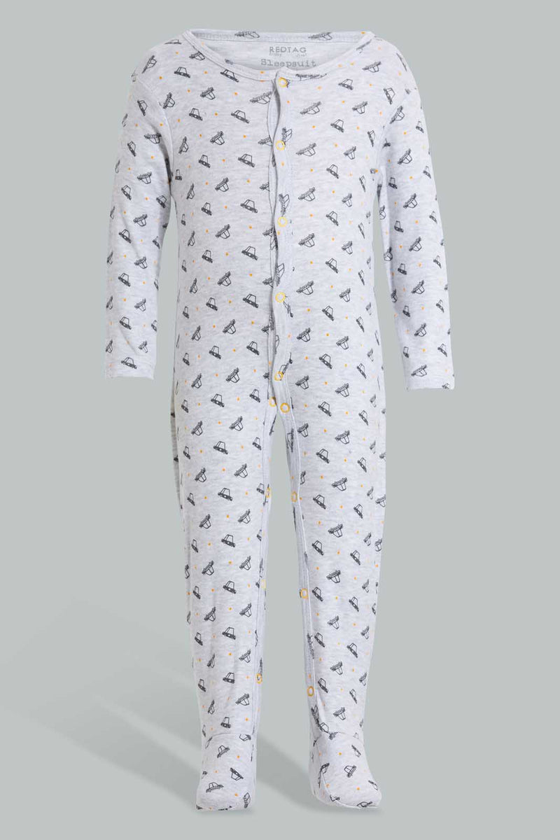 Redtag-Grey-And-Mustard--Car-Print-Sleep-Suit-Sleepsuits-Baby-0 to 12 Months