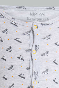 Redtag-Grey-And-Mustard--Car-Print-Sleep-Suit-Sleepsuits-Baby-0 to 12 Months