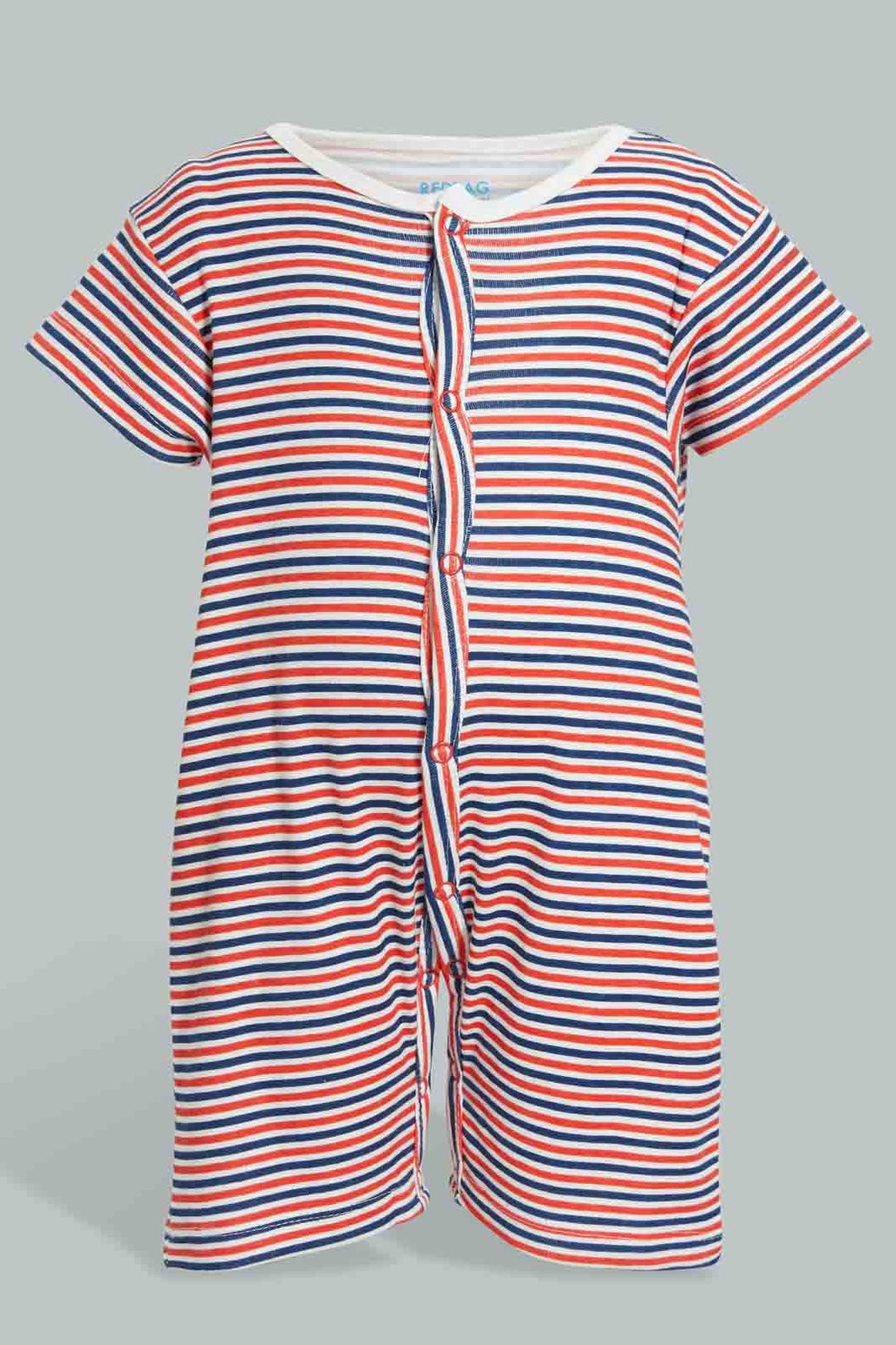 Redtag-Navy-And-Red--Stripe-Romper-Rompers-Baby-0 to 12 Months