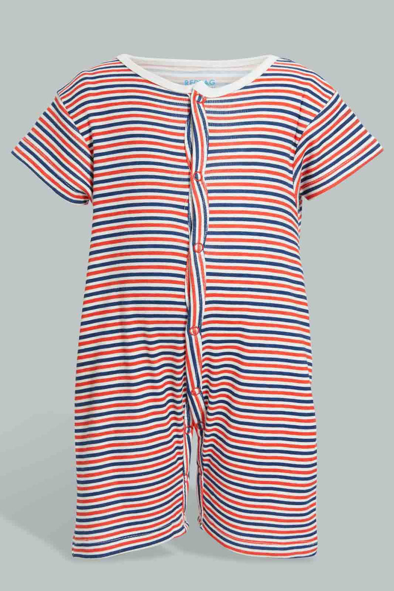 Redtag-Navy-And-Red--Stripe-Romper-Rompers-Baby-0 to 12 Months