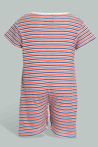 Redtag-Navy-And-Red--Stripe-Romper-Rompers-Baby-0 to 12 Months