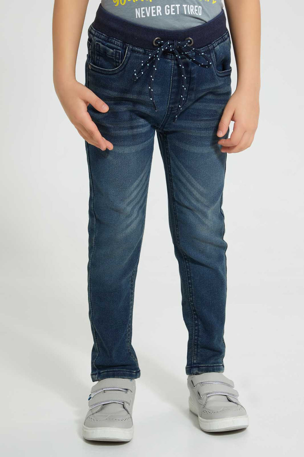 Redtag-Dark-Wash-Knit-Denim-Pull-On-Jean-With-Rib-Waistband-Jeans-Regular-Fit-Boys-2 to 8 Years