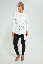 تنزيل الصورة على معرض الصور، Redtag-White-Button-Front-Collared-Belted-Top-Blouses-Women&#39;s-
