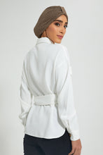 تنزيل الصورة على معرض الصور، Redtag-White-Button-Front-Collared-Belted-Top-Blouses-Women&#39;s-
