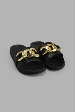 Load image into Gallery viewer, Redtag-Black-Slide-With-Gold-Chain-Trim-Sliders-Women&#39;s-
