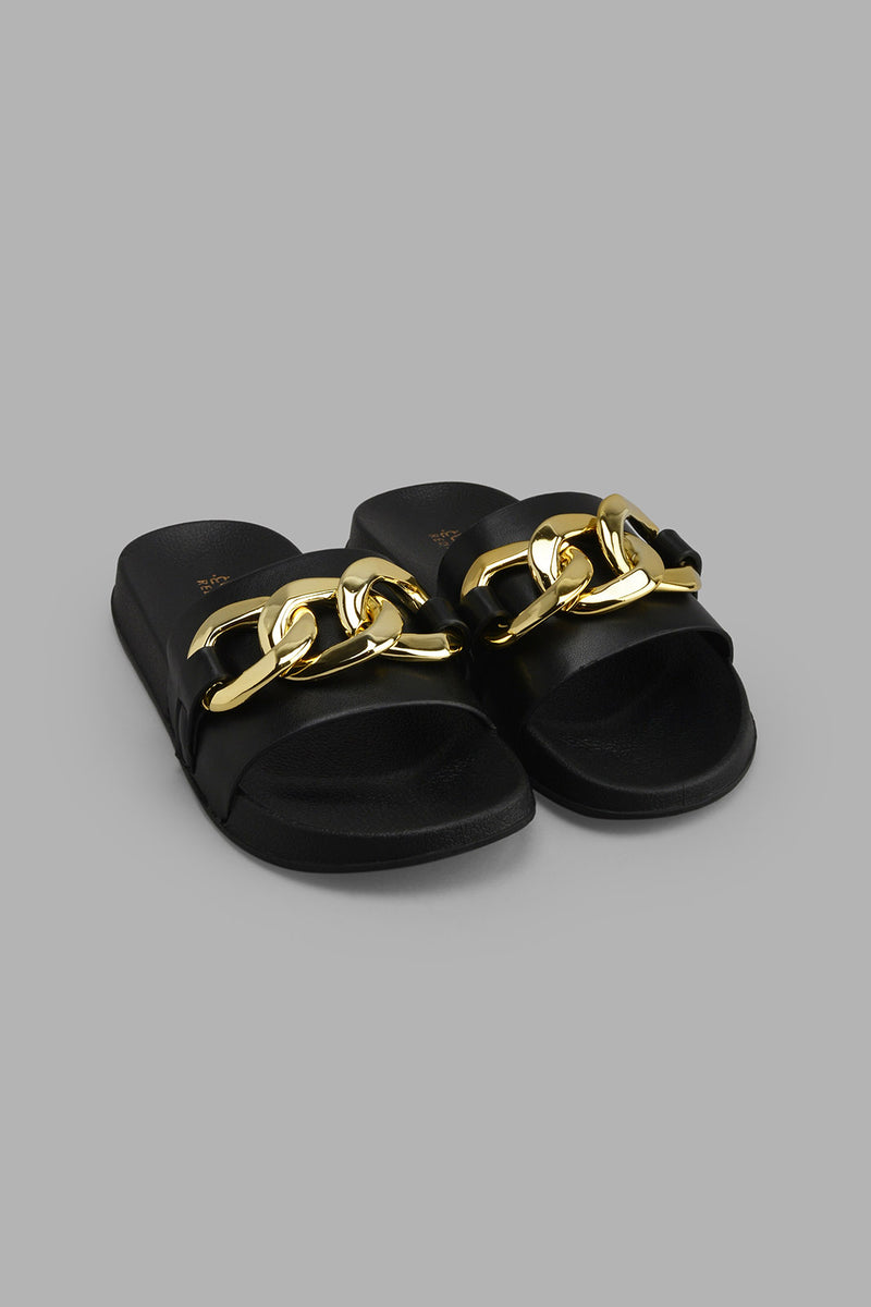 Redtag-Black-Slide-With-Gold-Chain-Trim-Sliders-Women's-