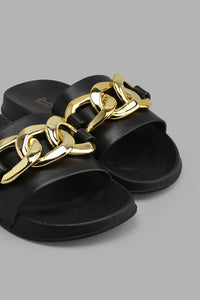 Redtag-Black-Slide-With-Gold-Chain-Trim-Sliders-Women's-