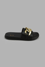 Load image into Gallery viewer, Redtag-Black-Slide-With-Gold-Chain-Trim-Sliders-Women&#39;s-
