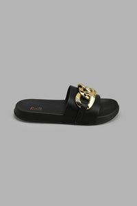 Redtag-Black-Slide-With-Gold-Chain-Trim-Sliders-Women's-