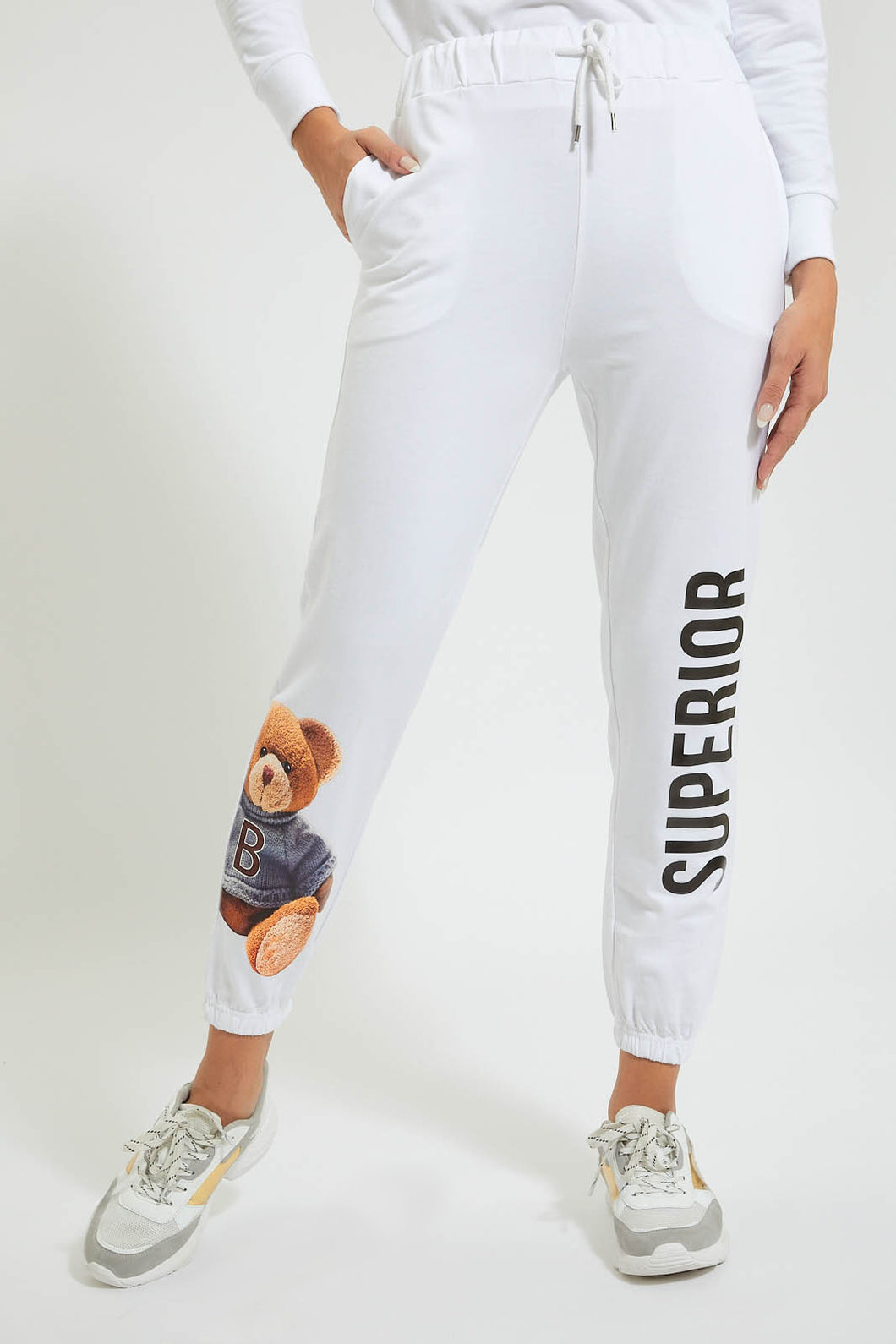 Redtag-White-Jogger-Teddy-Placement-Print-Colour:White,-FF,-Filter:Women's-Clothing,-New-In,-New-In-Women,-Non-Sale,-Section:Women,-W21B,-Women-Joggers-Women's-