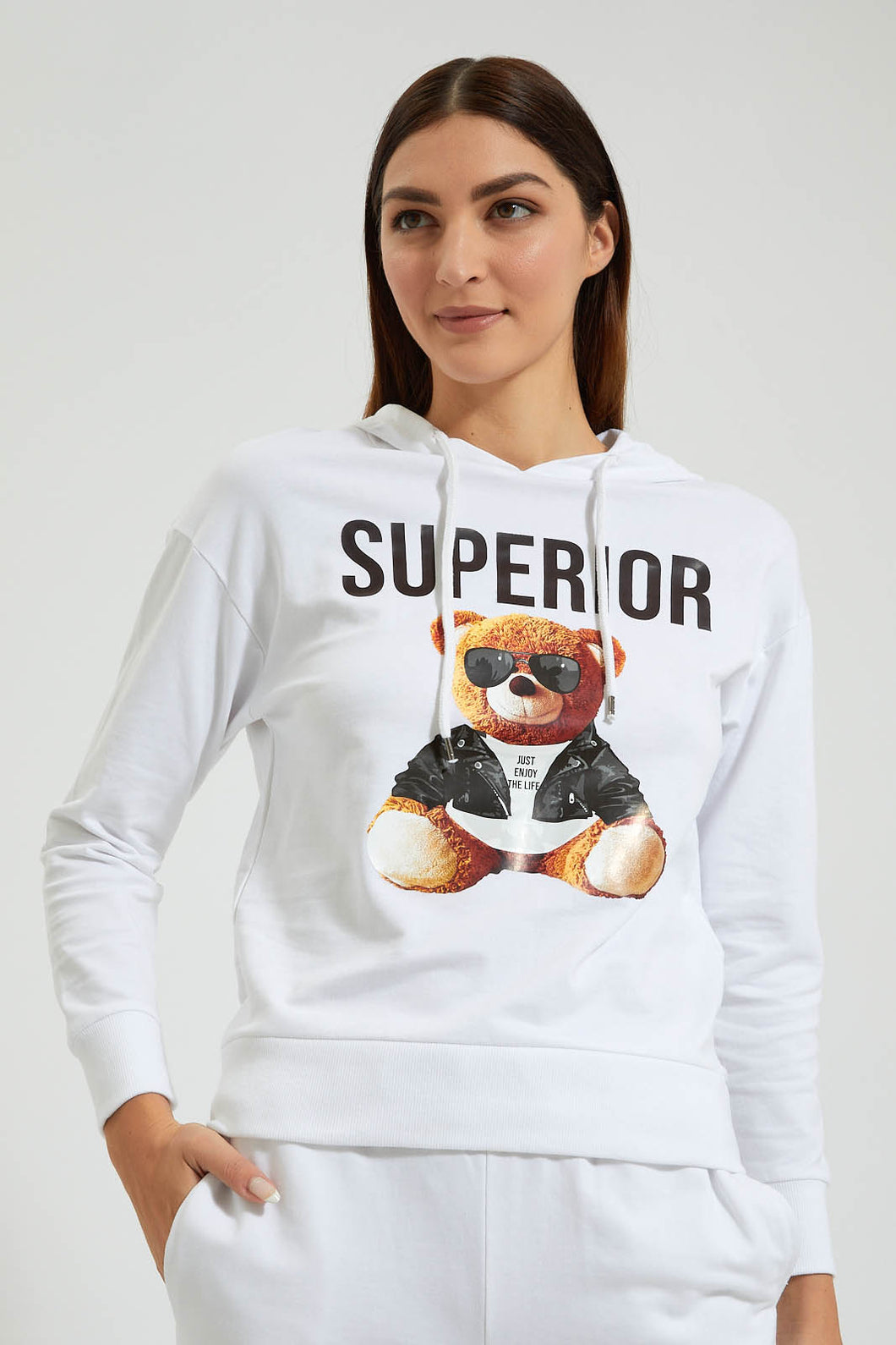 Redtag-White-Teddy-Placement-Print-Hoodie-Colour:White,-FF,-Filter:Women's-Clothing,-New-In,-New-In-Women,-Non-Sale,-Section:Women,-W21B,-Women-Sweatshirts-Women's-