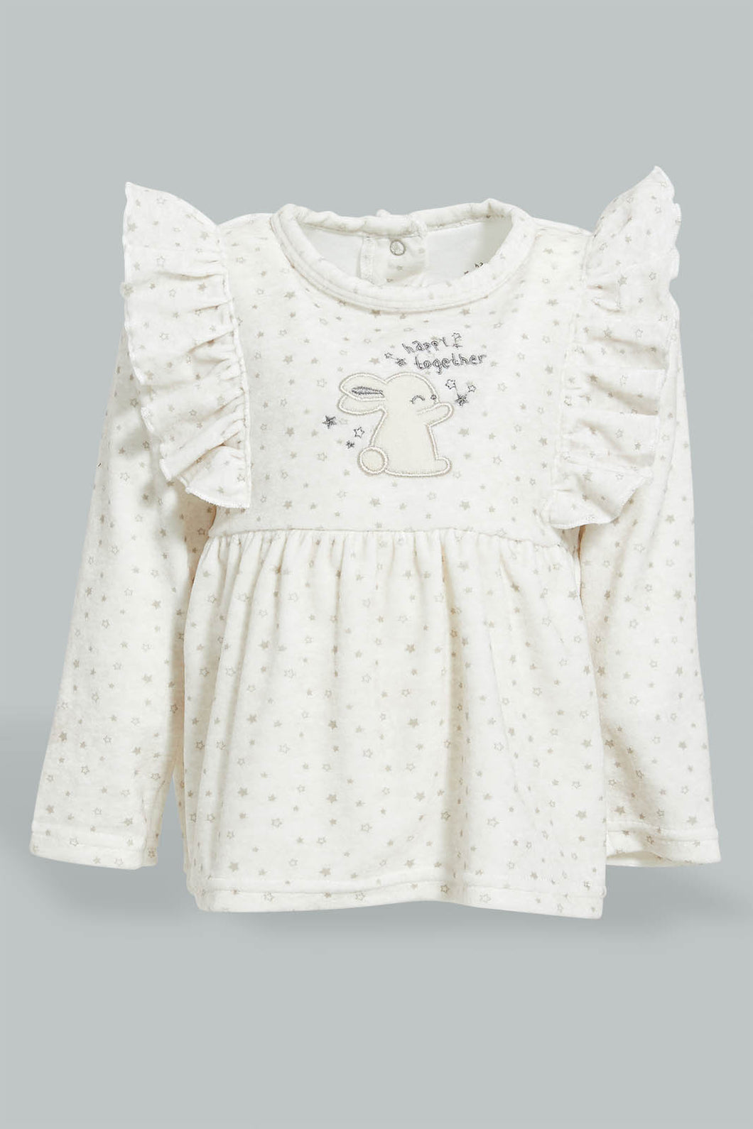 Redtag-White--And-Beige-Bunny-Veloure-Dress-Dresses-Baby-0 to 12 Months