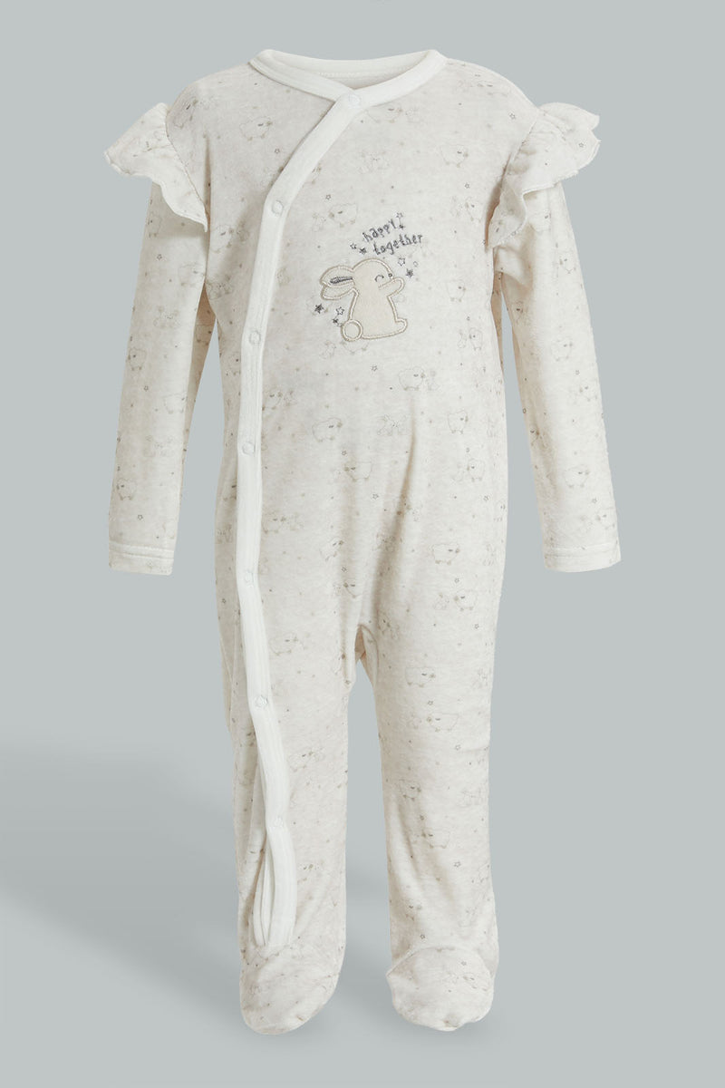 Redtag-White-Bunny-Veloure-Printed-Sleep-Suit-Sleepsuits-Baby-0 to 12 Months