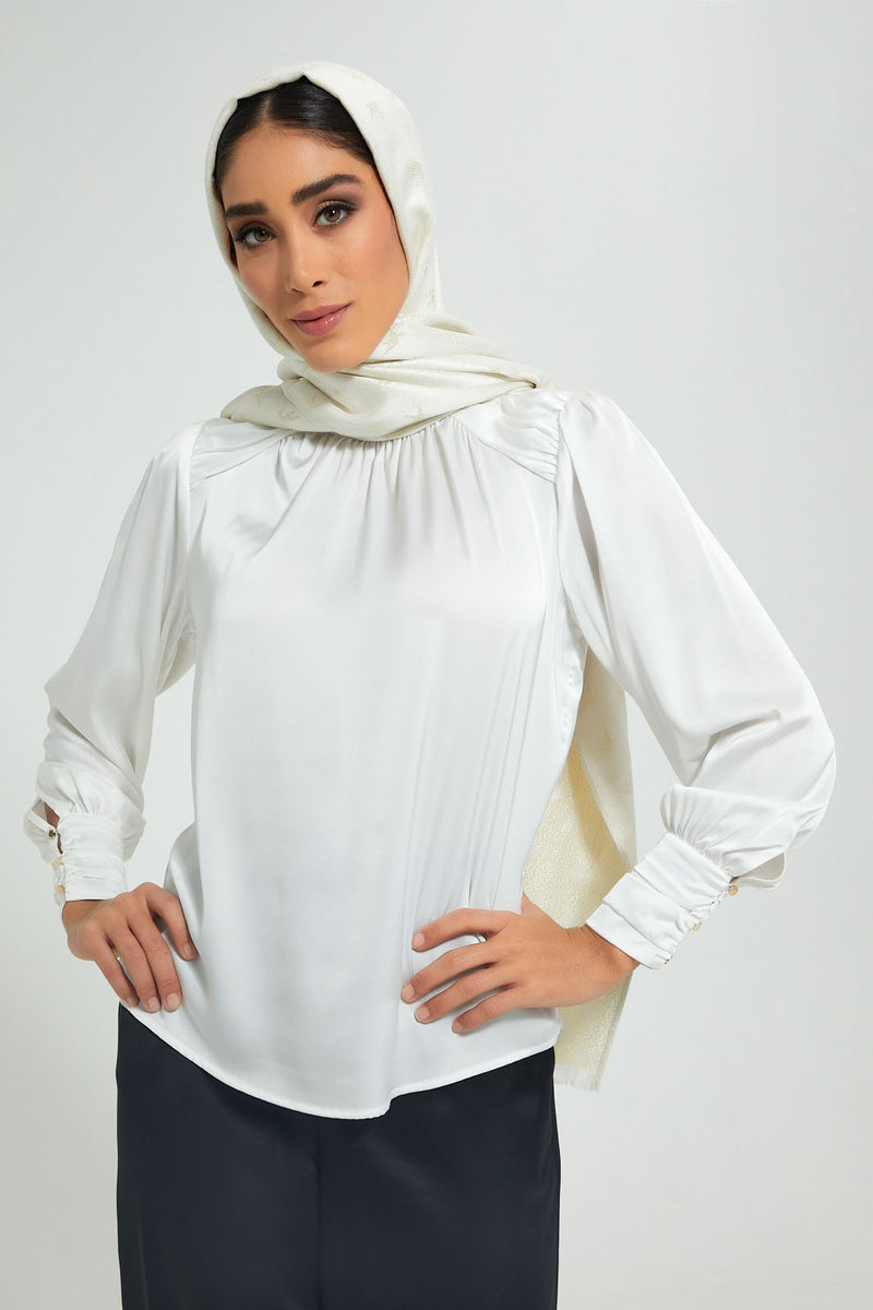 Redtag-Ivory-Ruched-Neck-Pleated-Cuff-Details-Satin-Blouse-Blouses-Women's-