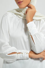 تنزيل الصورة على معرض الصور، Redtag-Ivory-Ruched-Neck-Pleated-Cuff-Details-Satin-Blouse-Blouses-Women&#39;s-
