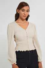 تنزيل الصورة على معرض الصور، Redtag-Beige-Button-Front-Shirred-Waist-Top-Tops-Women's-0
