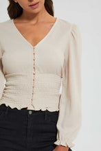تنزيل الصورة على معرض الصور، Redtag-Beige-Button-Front-Shirred-Waist-Top-Tops-Women's-0
