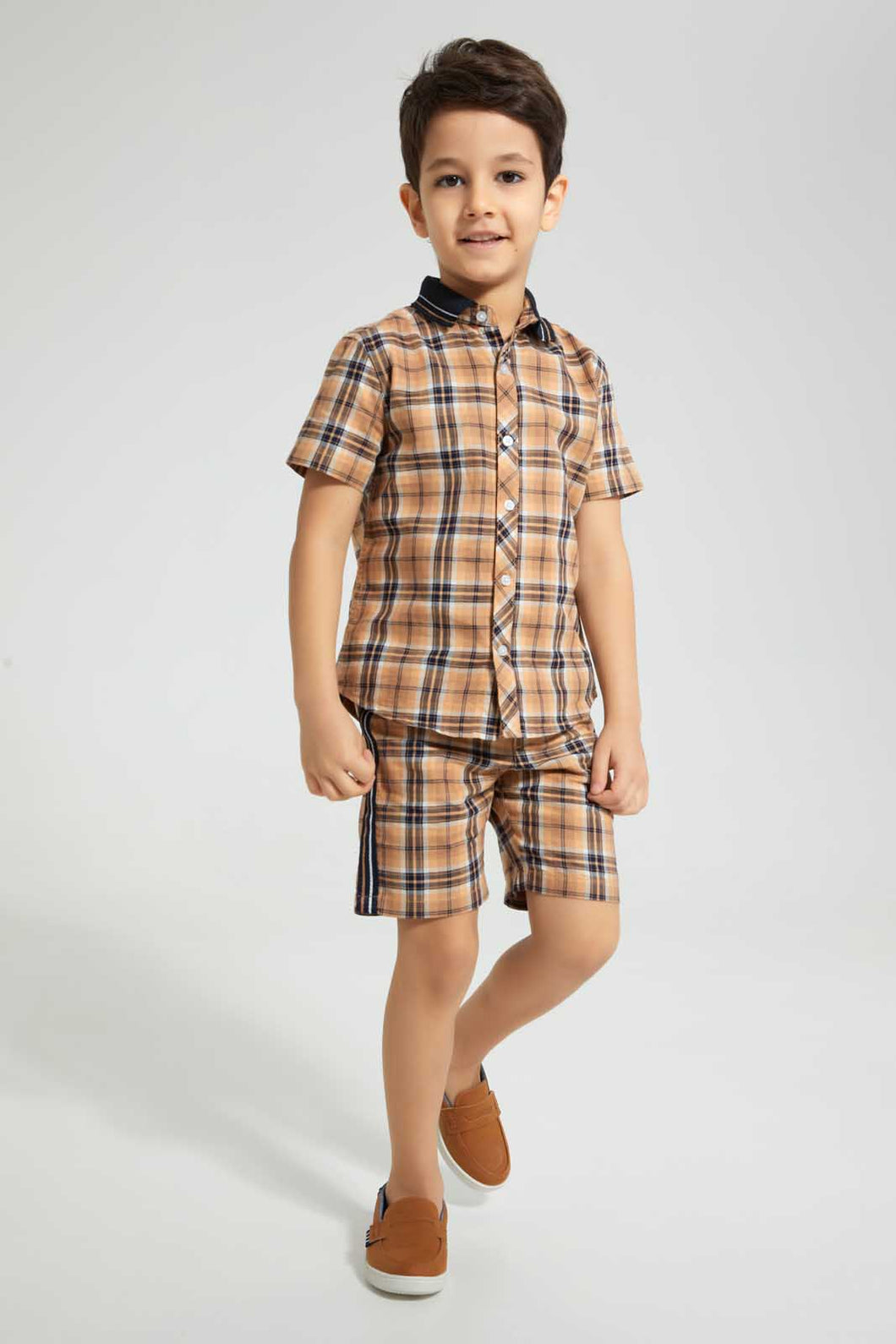 Redtag-Stone-Check-Shirt-And-Short-Set-Sets-Boys-2 to 8 Years