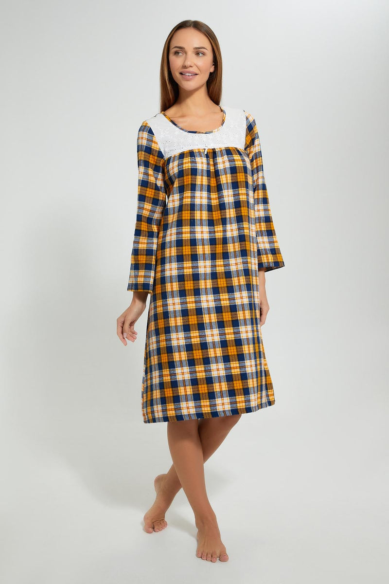 Redtag-Navy-Yarn-Dyed-Check-Nightgown-With-Embroidery-Yoke-Nightgowns-Women's-