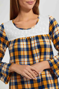 Redtag-Navy-Yarn-Dyed-Check-Nightgown-With-Embroidery-Yoke-Nightgowns-Women's-