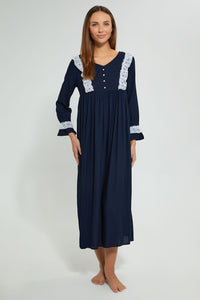Redtag-Navy-Plain-Nightgown-With-Lace-Nightgowns-Women's-