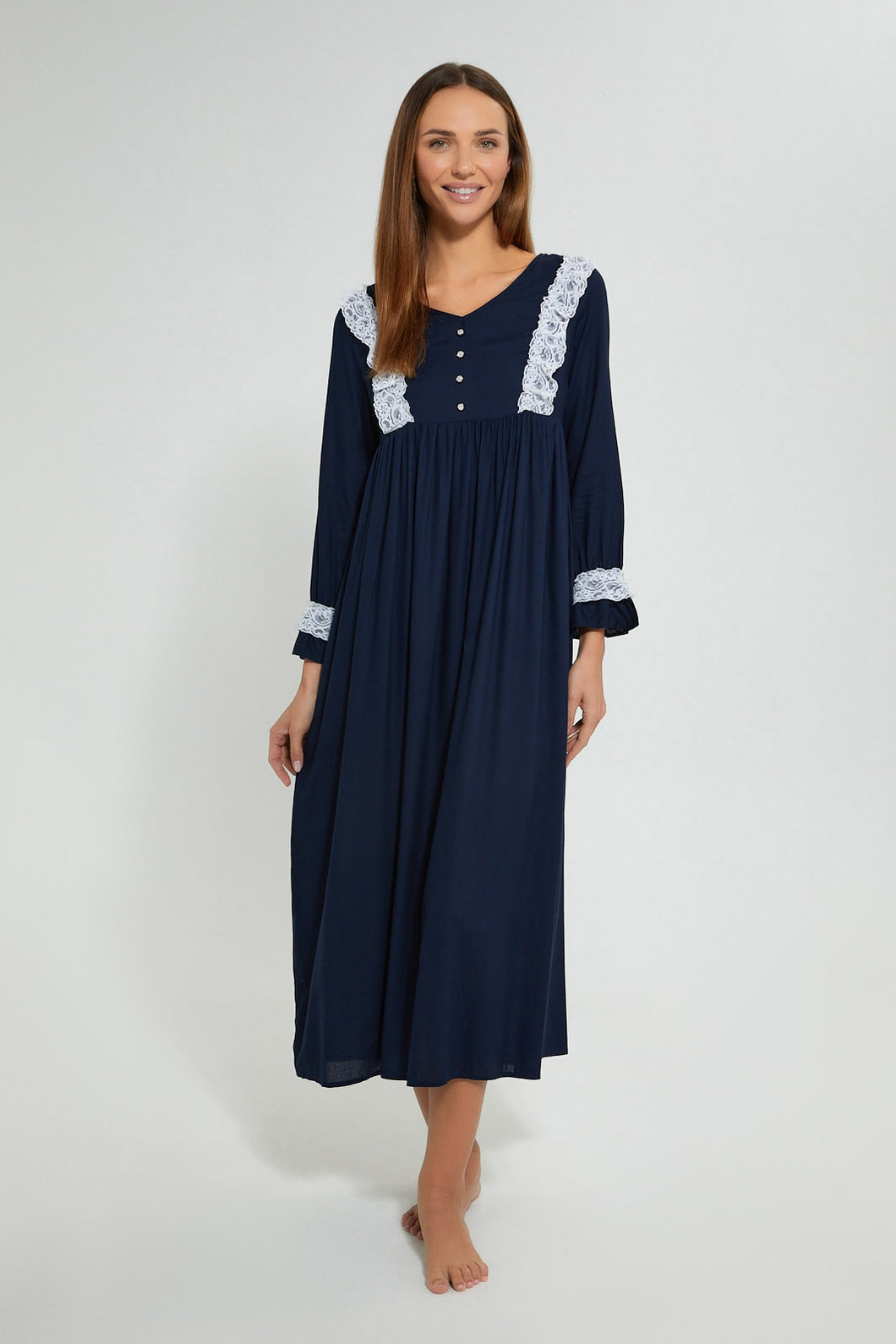 Redtag-Navy-Plain-Nightgown-With-Lace-Nightgowns-Women's-