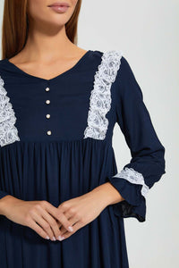 Redtag-Navy-Plain-Nightgown-With-Lace-Nightgowns-Women's-