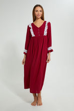 Load image into Gallery viewer, Redtag-Maroon-Plain-Nightgown-With-Lace-Nightgowns-Women&#39;s-
