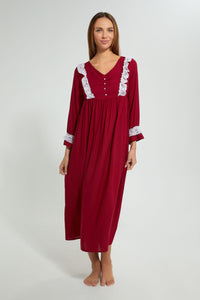 Redtag-Maroon-Plain-Nightgown-With-Lace-Nightgowns-Women's-