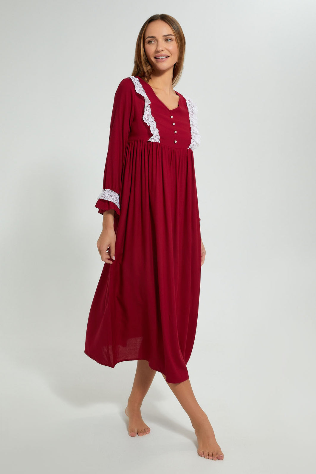 Redtag-Maroon-Plain-Nightgown-With-Lace-Nightgowns-Women's-