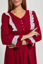 Load image into Gallery viewer, Redtag-Maroon-Plain-Nightgown-With-Lace-Nightgowns-Women&#39;s-
