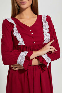 Redtag-Maroon-Plain-Nightgown-With-Lace-Nightgowns-Women's-