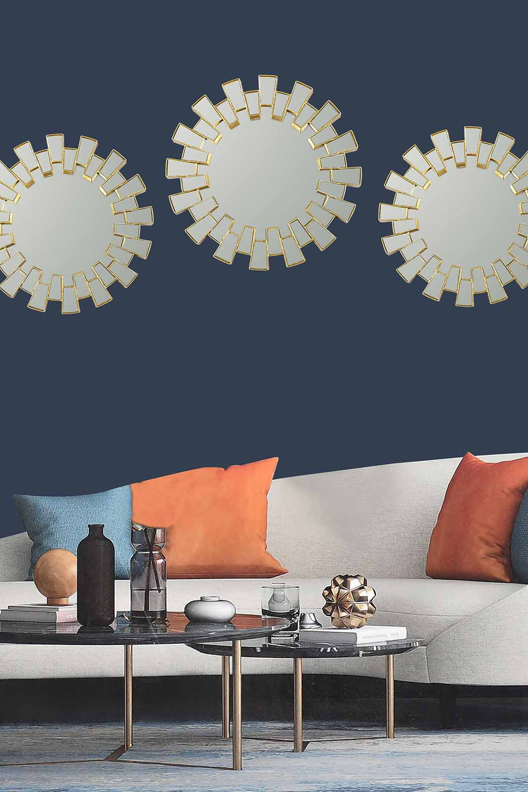 Redtag-Gold-Sunburst-Wall-Mirror-Set(3piece)-Mirrors-Home-Decor-