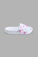 Load image into Gallery viewer, Redtag-White-Heart-Print-Slide-Colour:White,-Filter:Girls-Footwear-(3-to-5-Yrs),-GIR-Flip-Flops,-New-In,-New-In-GIR-FOO,-Non-Sale,-S22A,-Section:Kidswear-Girls-3 to 5 Years
