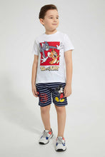 تنزيل الصورة على معرض الصور، Redtag-Navy-Micky-Mouse-Elasticated-Waist-Short-Active-Shorts-Boys-2 to 8 Years
