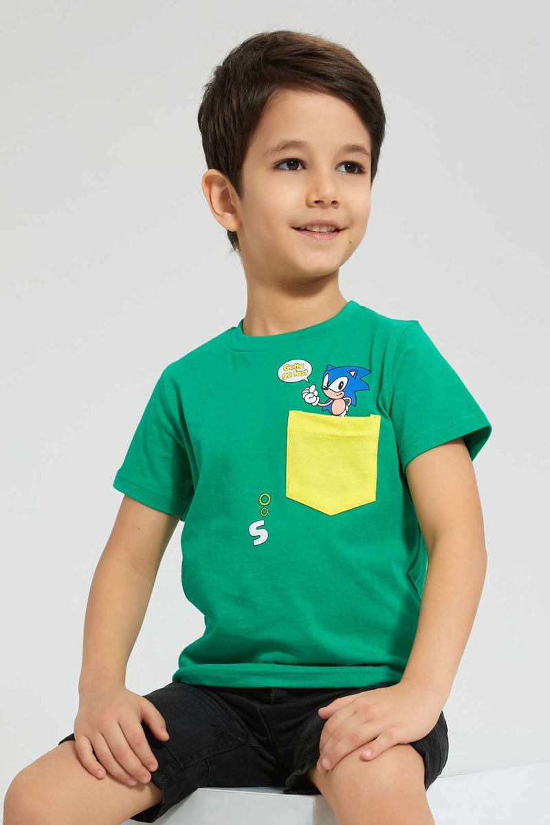 Redtag-Green-Sonic-Pocket-T-Shirt-All-Over-Prints-Boys-2 to 8 Years