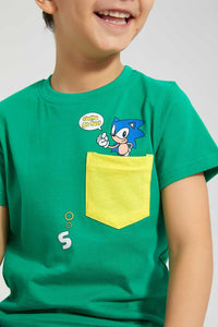 Redtag-Green-Sonic-Pocket-T-Shirt-All-Over-Prints-Boys-2 to 8 Years