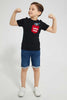 Redtag-Black-Superman-Pocket-T-Shirt-All-Over-Prints-Boys-2 to 8 Years